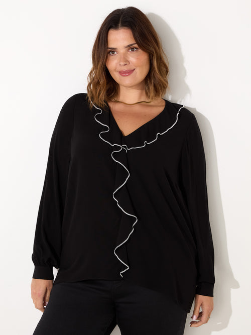 Black Ruffle Top With Contrast Stitching