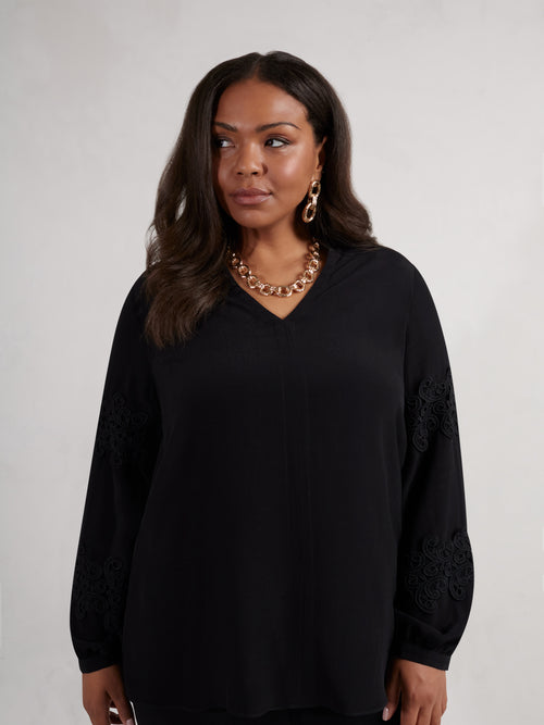 Petite Black Lace Detail Long Sleeve Top