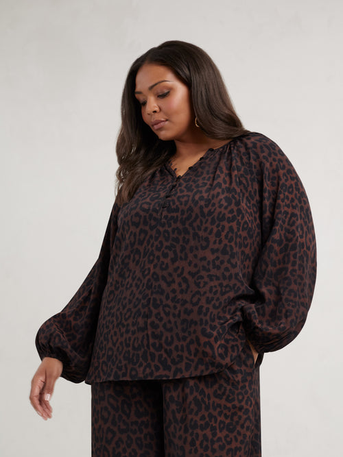 Chocolate Leopard Print Button Front Blouse