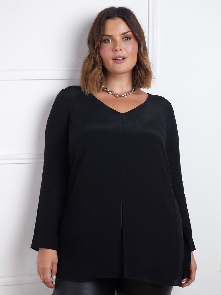 Black Long Sleeve Split Front Tunic