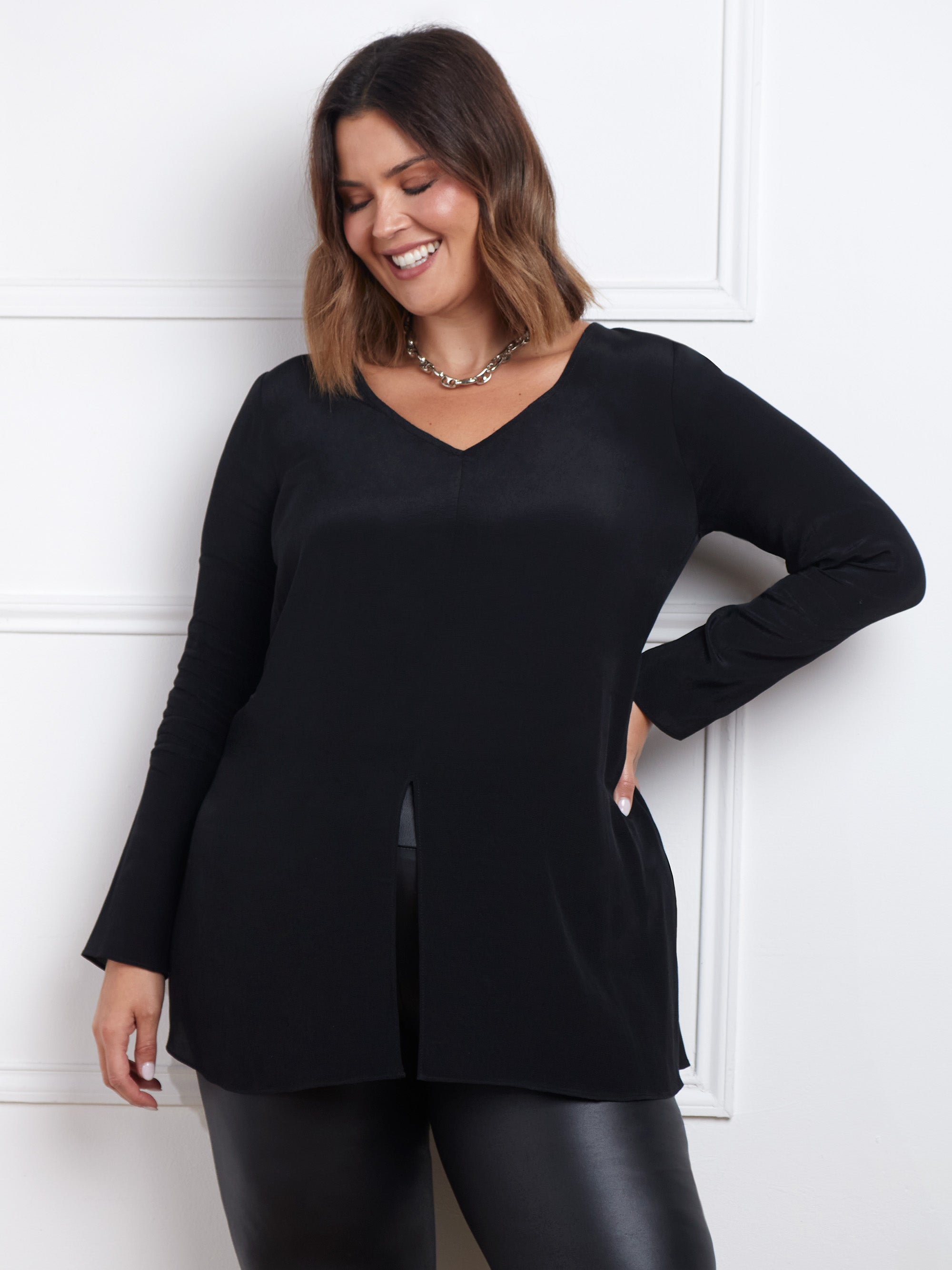 Black Long Sleeve Split Front Tunic