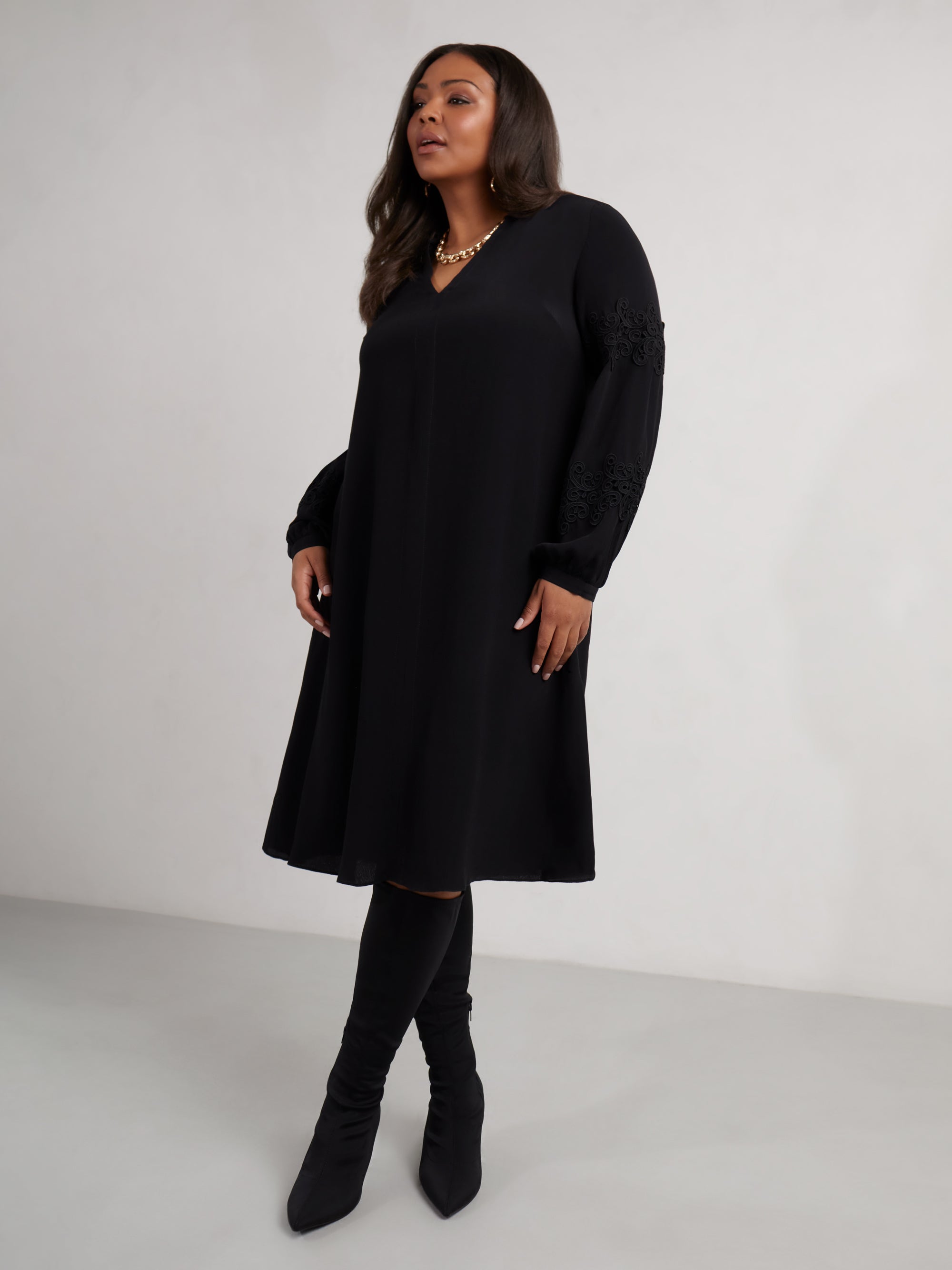 Black Lace Detail Long Sleeve Dress