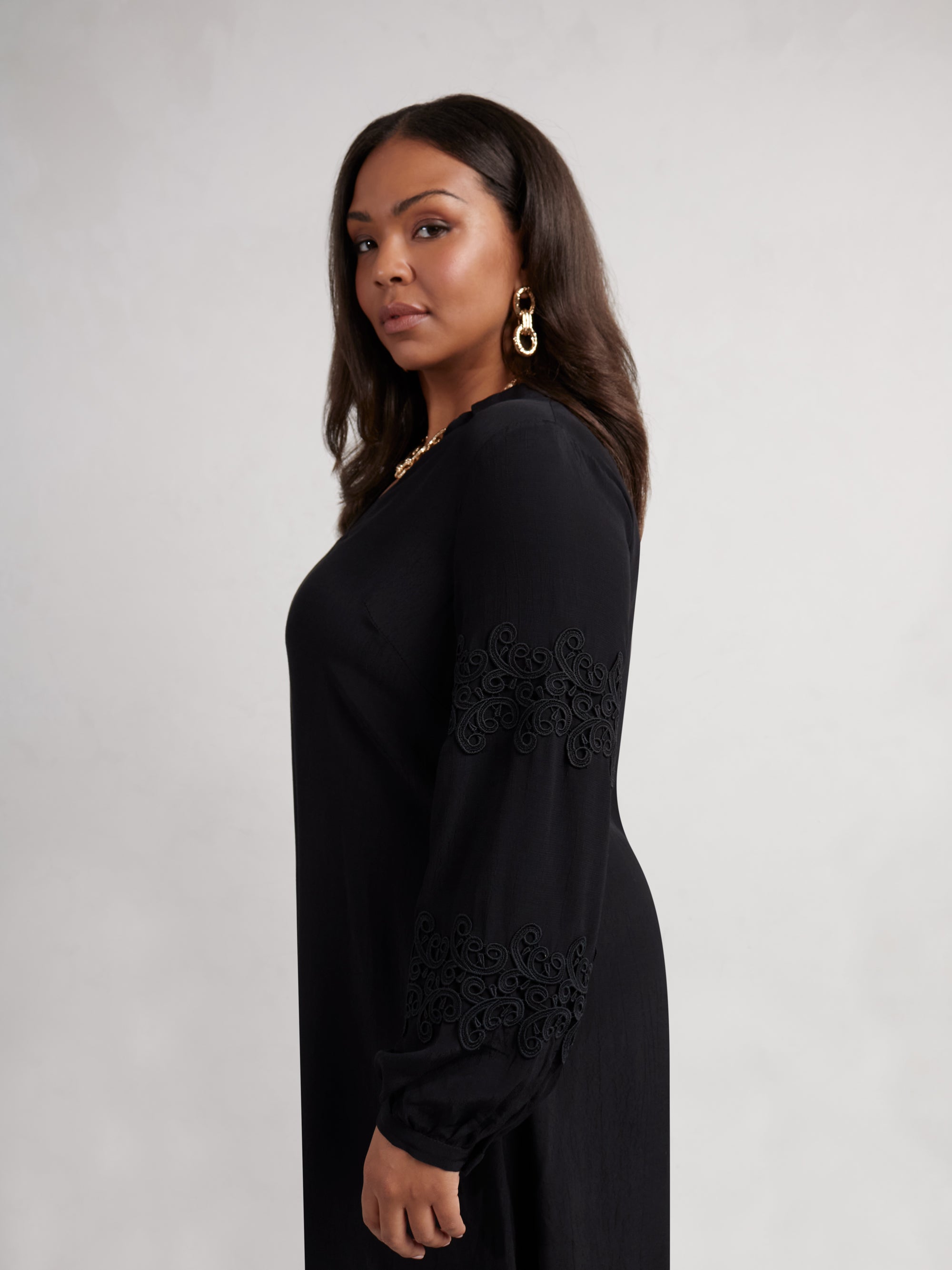 Black Lace Detail Long Sleeve Dress