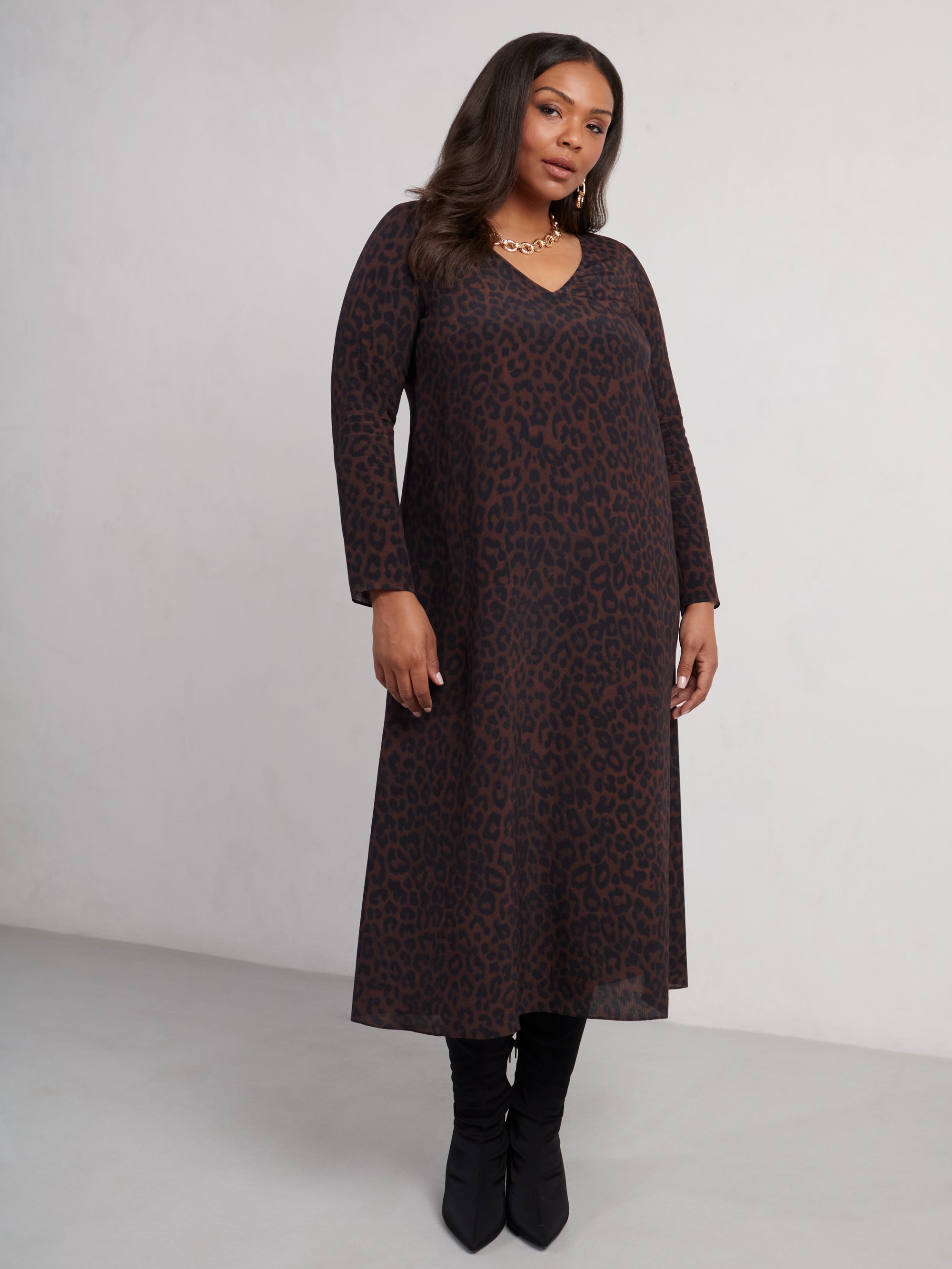 Chocolate Leopard Print V-Neck Long Sleeve Midaxi Dress