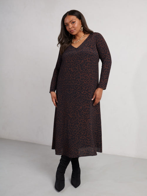 Chocolate Leopard Print V-Neck Long Sleeve Midaxi Dress