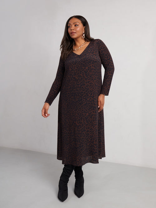 Chocolate Leopard Print V-Neck Long Sleeve Midaxi Dress