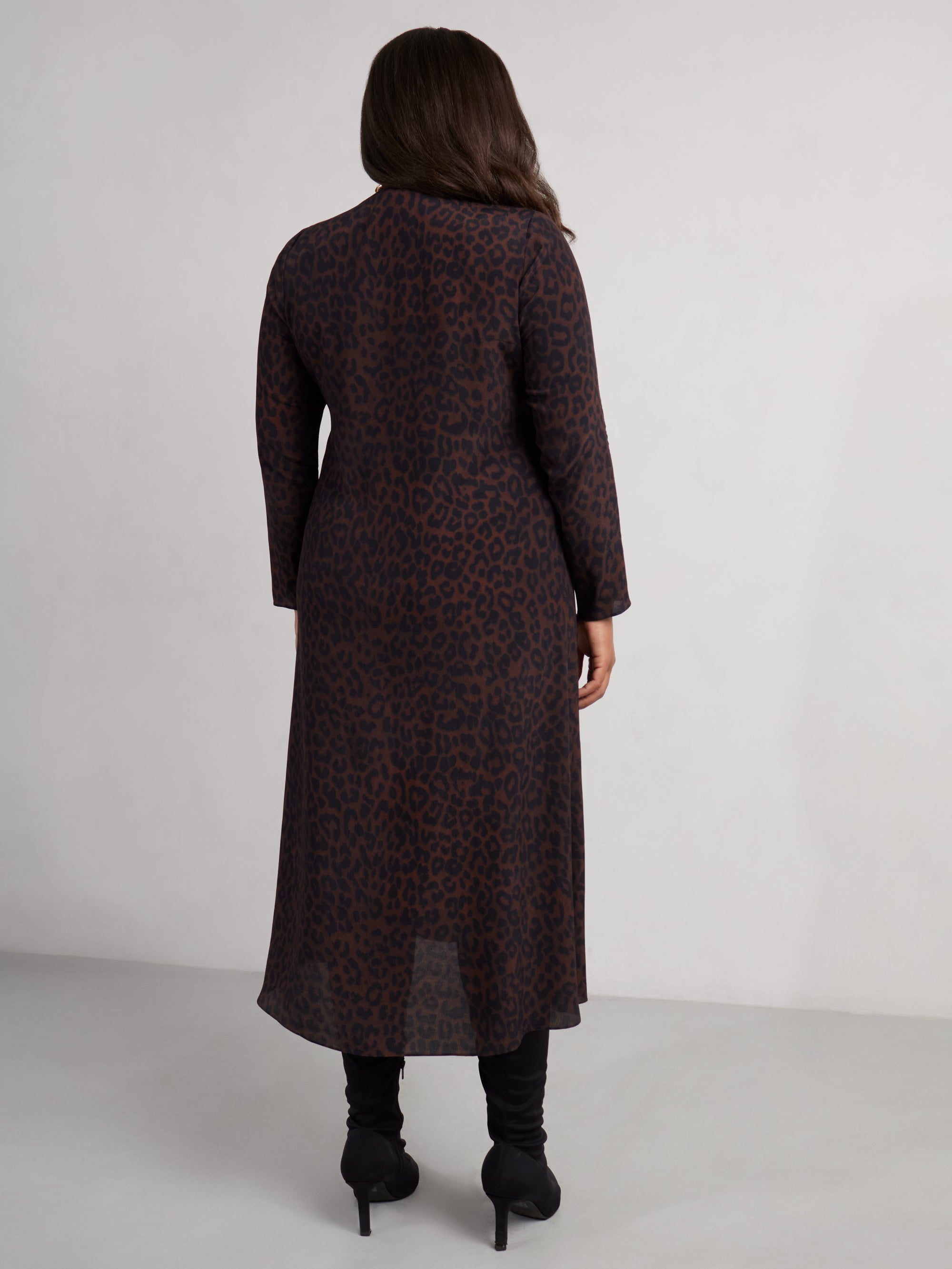 Chocolate Leopard Print V-Neck Long Sleeve Midaxi Dress