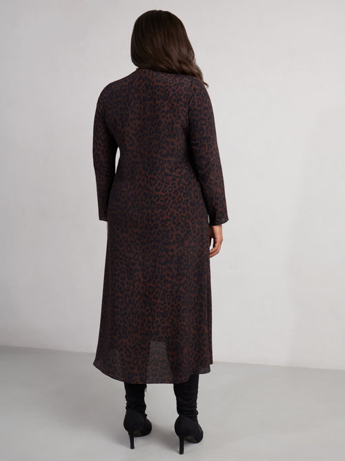 Chocolate Leopard Print V-Neck Long Sleeve Midaxi Dress