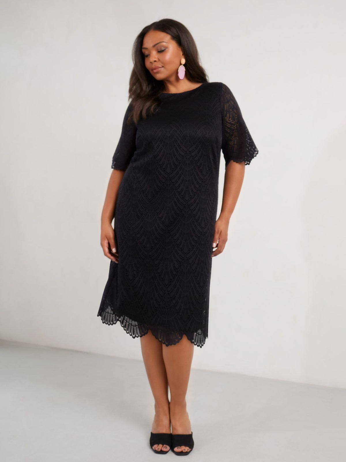 17244 Black Short Sleeve Transparent Lace Detail Dress