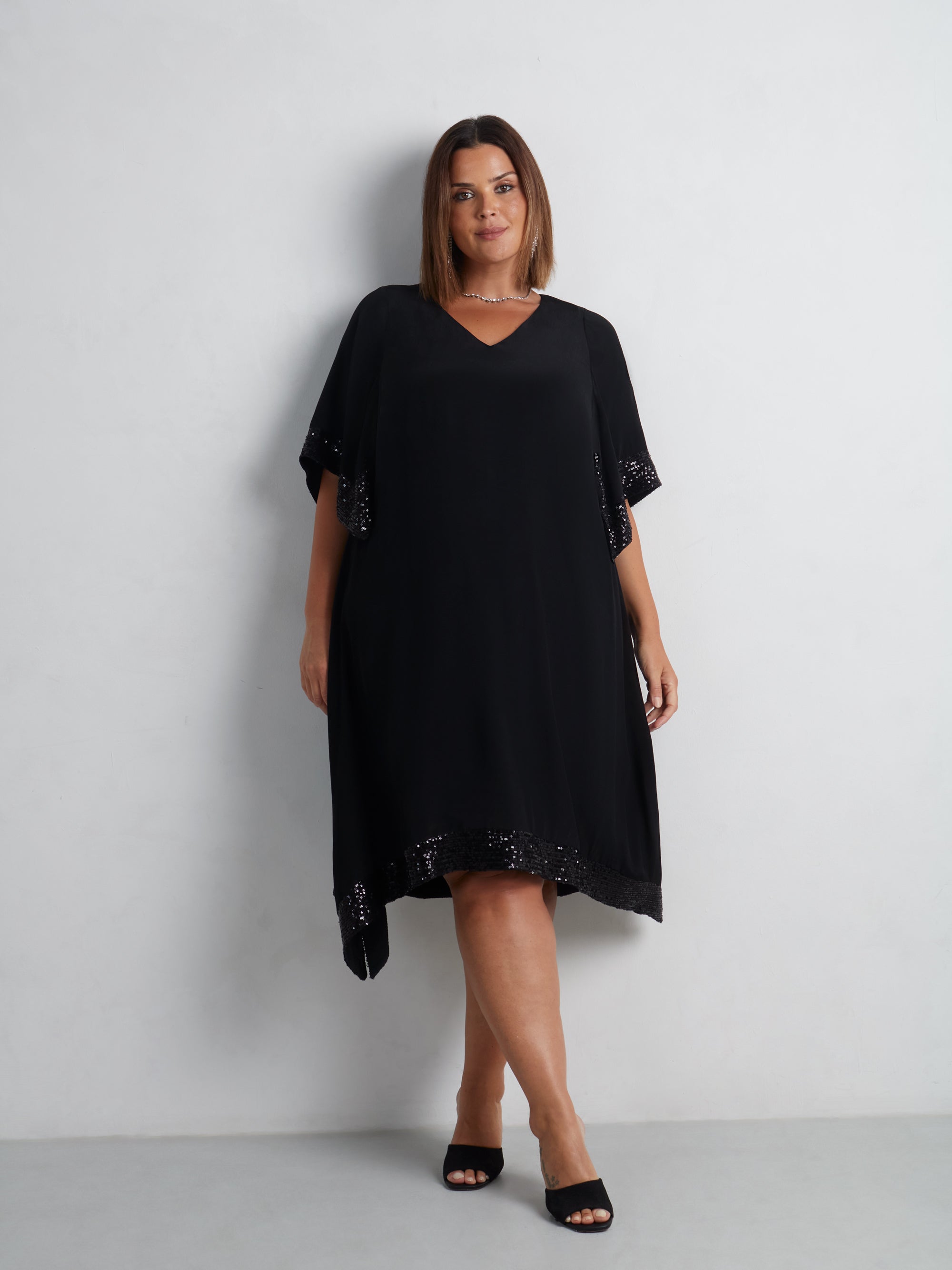 Black Sequin Trim Angel Sleeve Dress