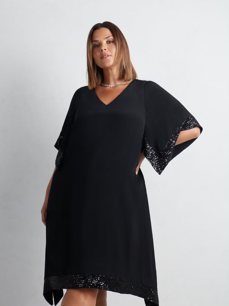 Black Sequin Trim Angel Sleeve Dress