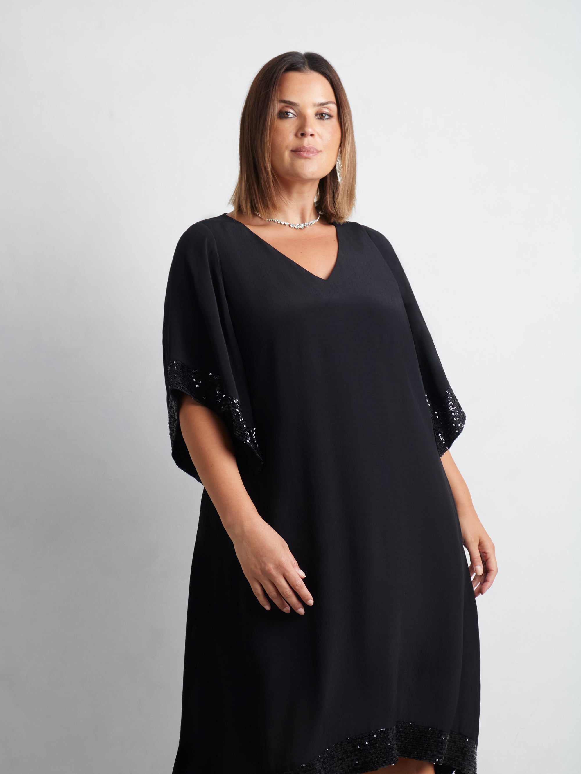 Black Sequin Trim Angel Sleeve Dress