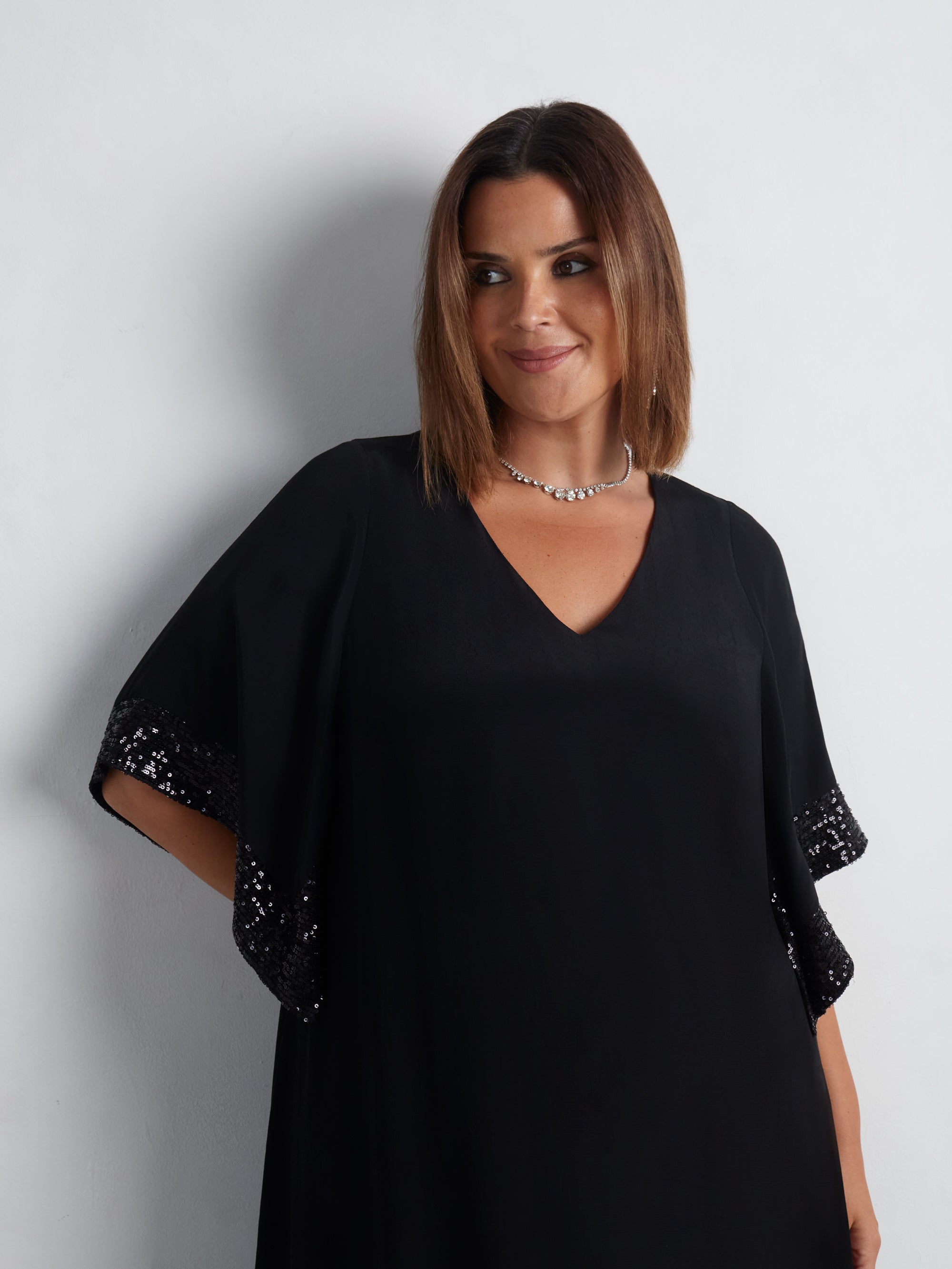 Black Sequin Trim Angel Sleeve Dress