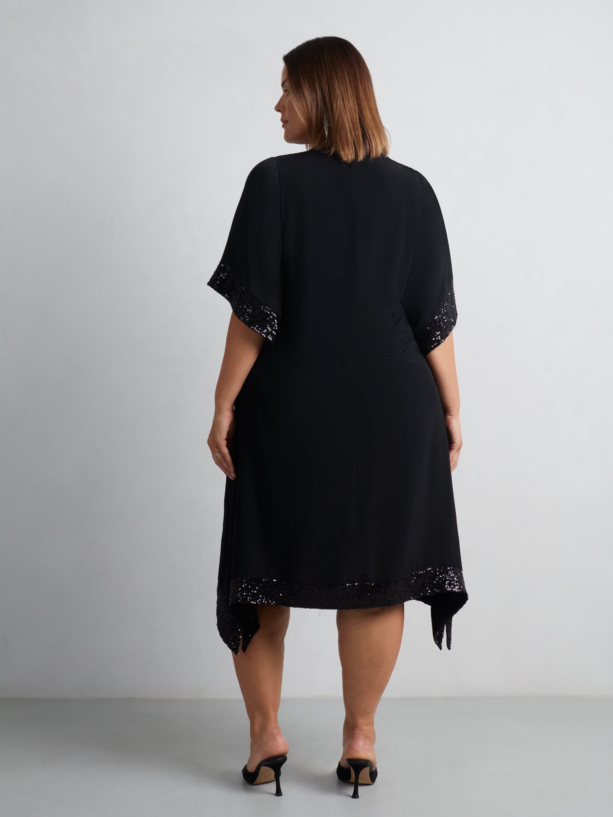 Black Sequin Trim Angel Sleeve Dress