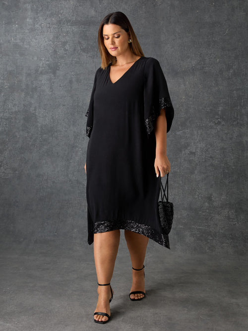 Black Sequin Trim Angel Sleeve Dress