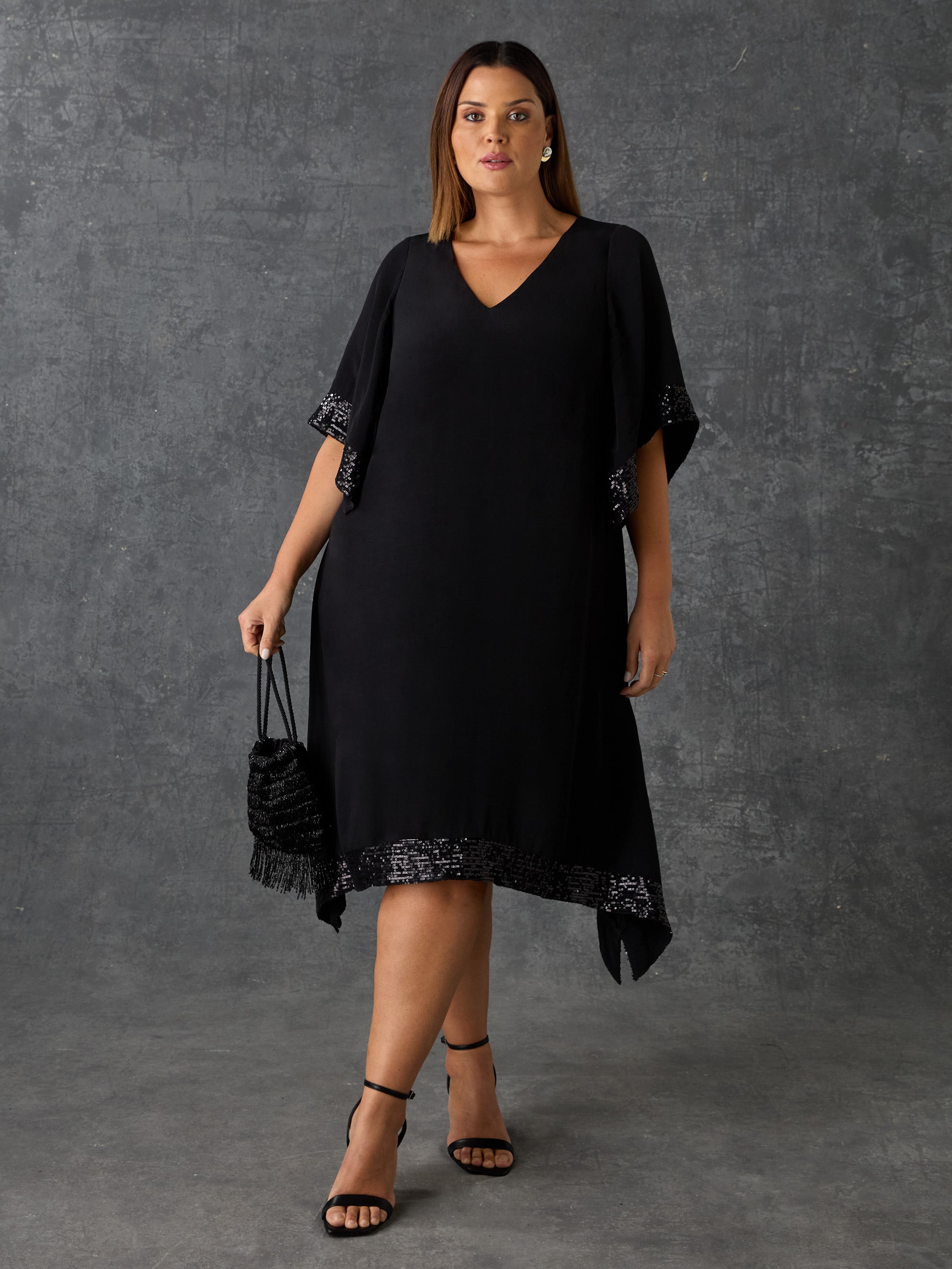 Black Sequin Trim Angel Sleeve Dress