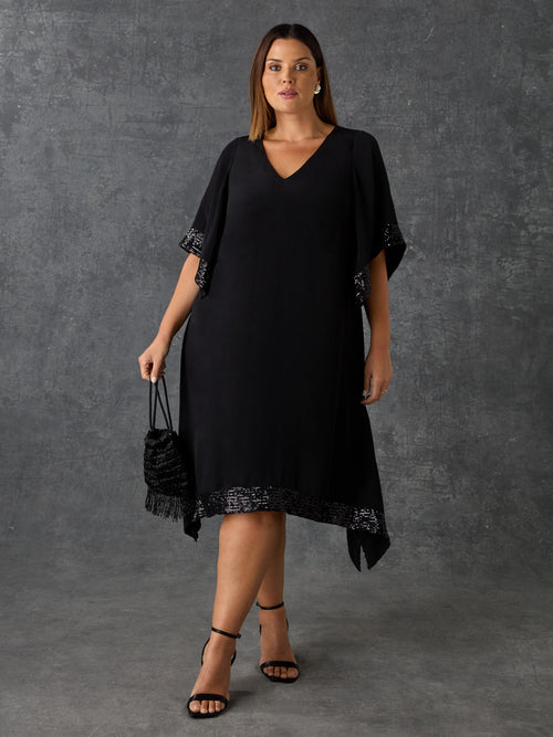 Black Sequin Trim Angel Sleeve Dress