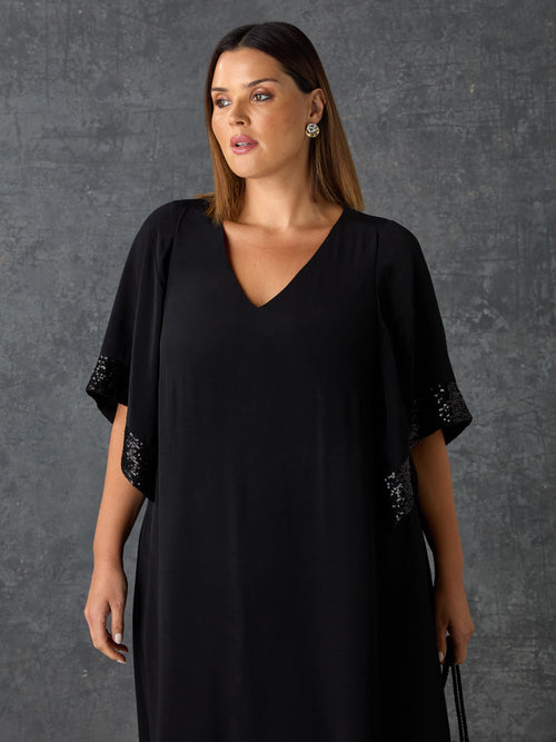 Black Sequin Trim Angel Sleeve Dress