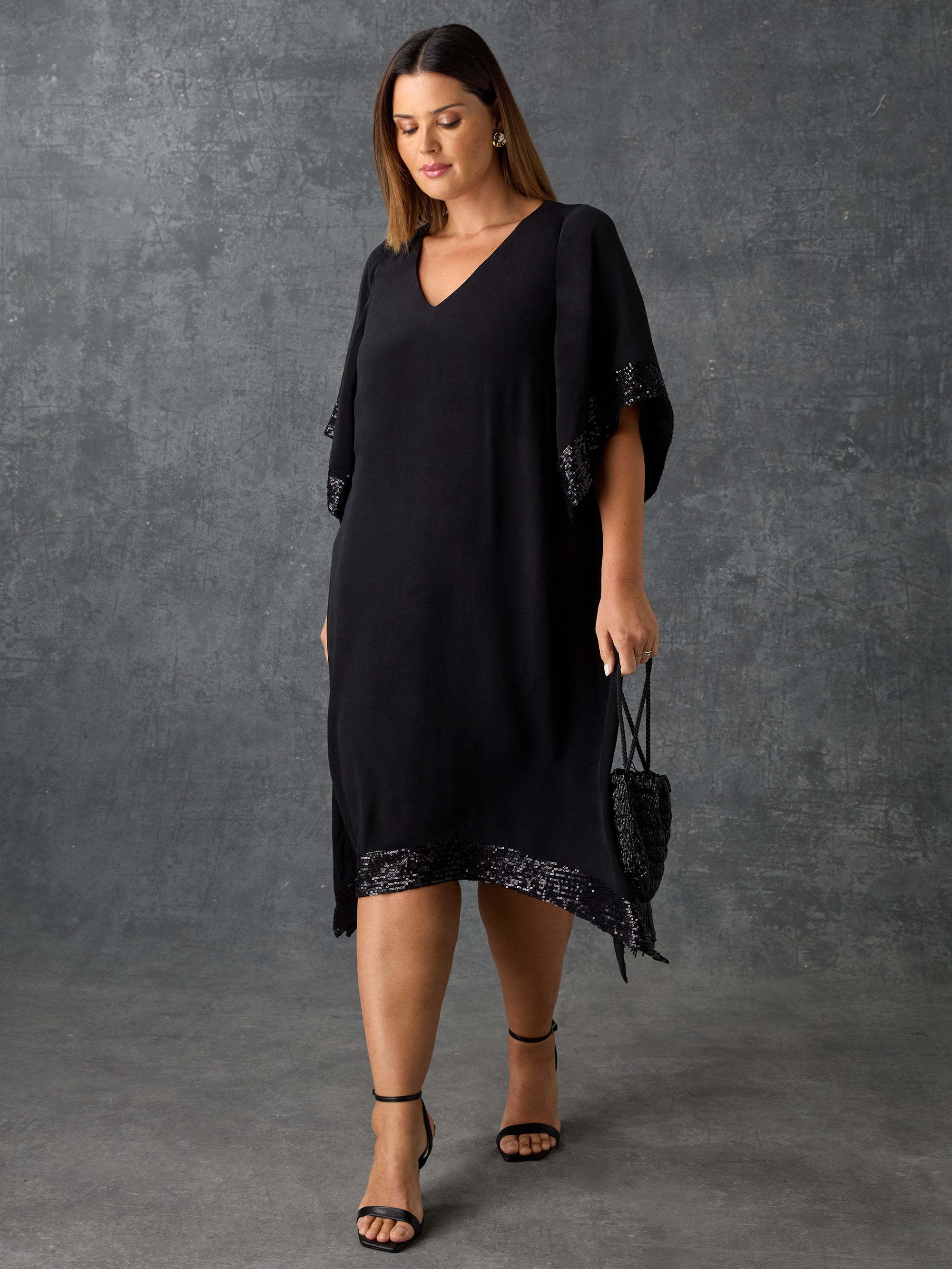 Black Sequin Trim Angel Sleeve Dress