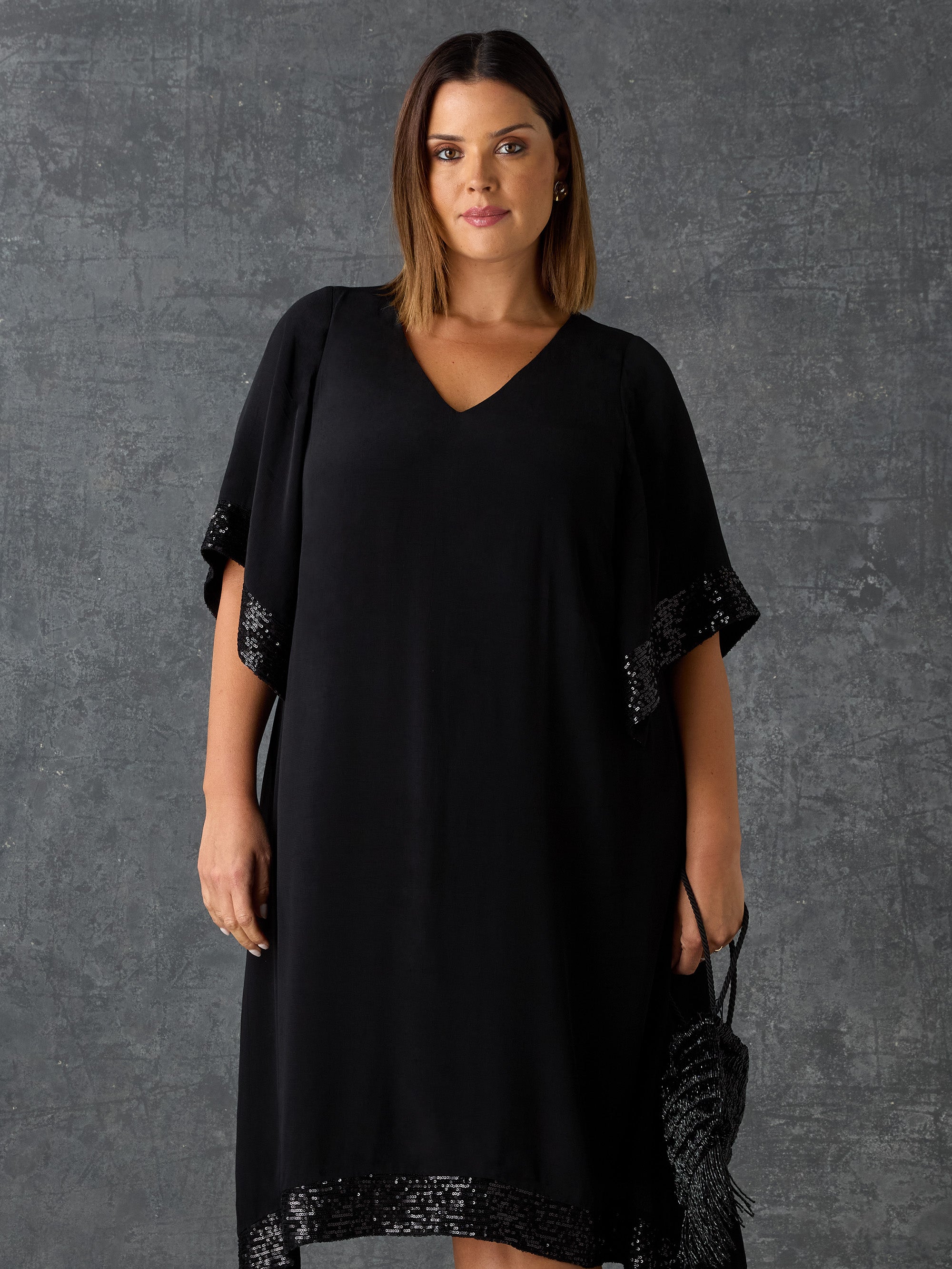 Black Sequin Trim Angel Sleeve Dress