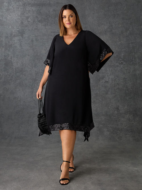 Black Sequin Trim Angel Sleeve Dress