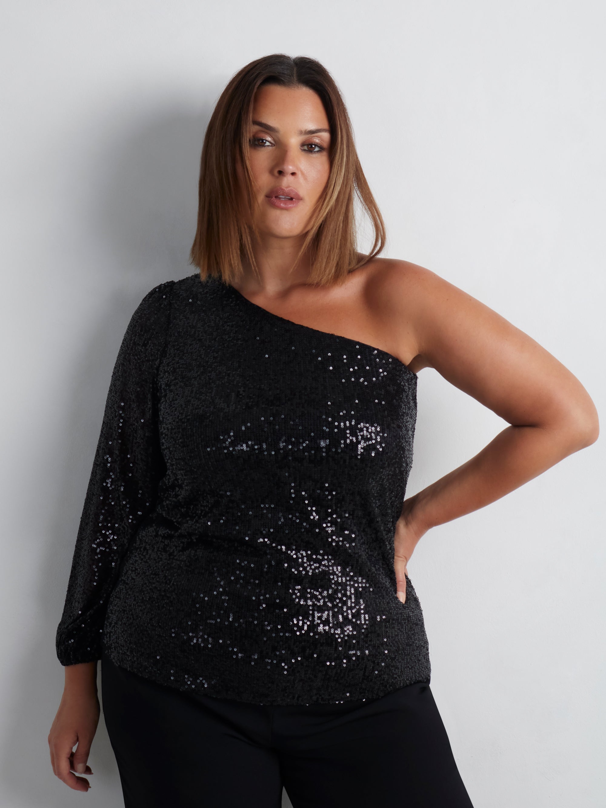 Black Sequin One Shoulder Top