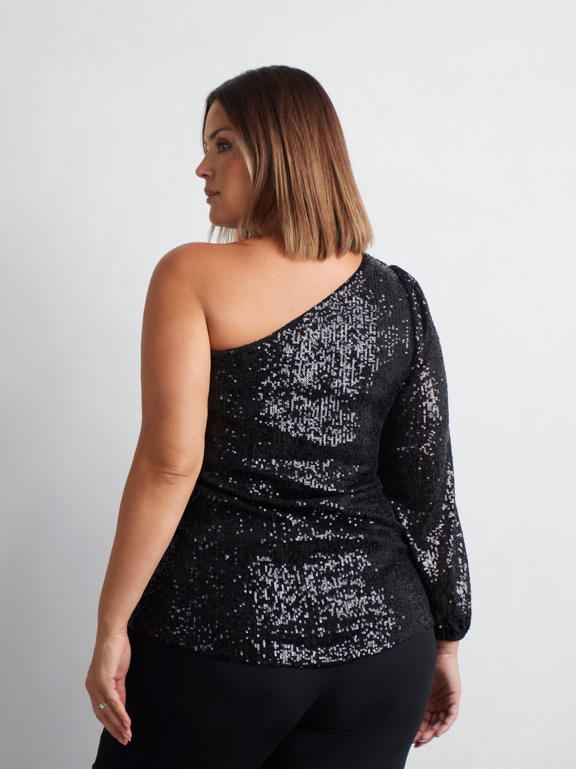 Black Sequin One Shoulder Top