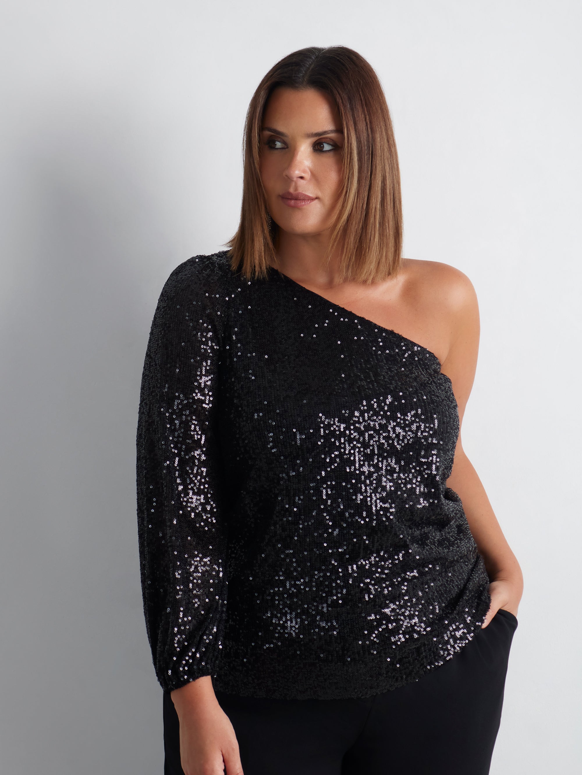 Black Sequin One Shoulder Top