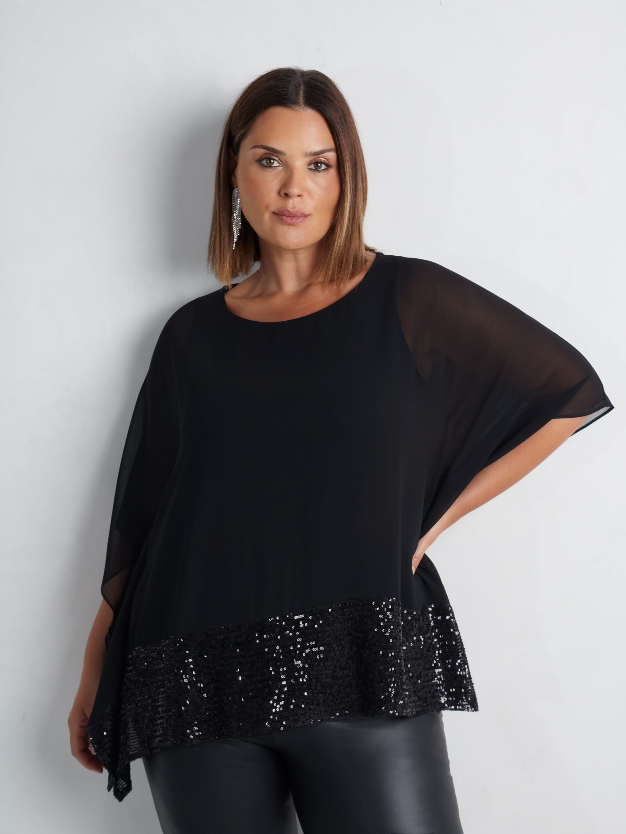 Black Chiffon Sequin Trim Overlayer Top