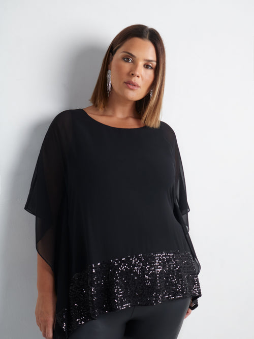 Black Chiffon Sequin Trim Overlayer Top