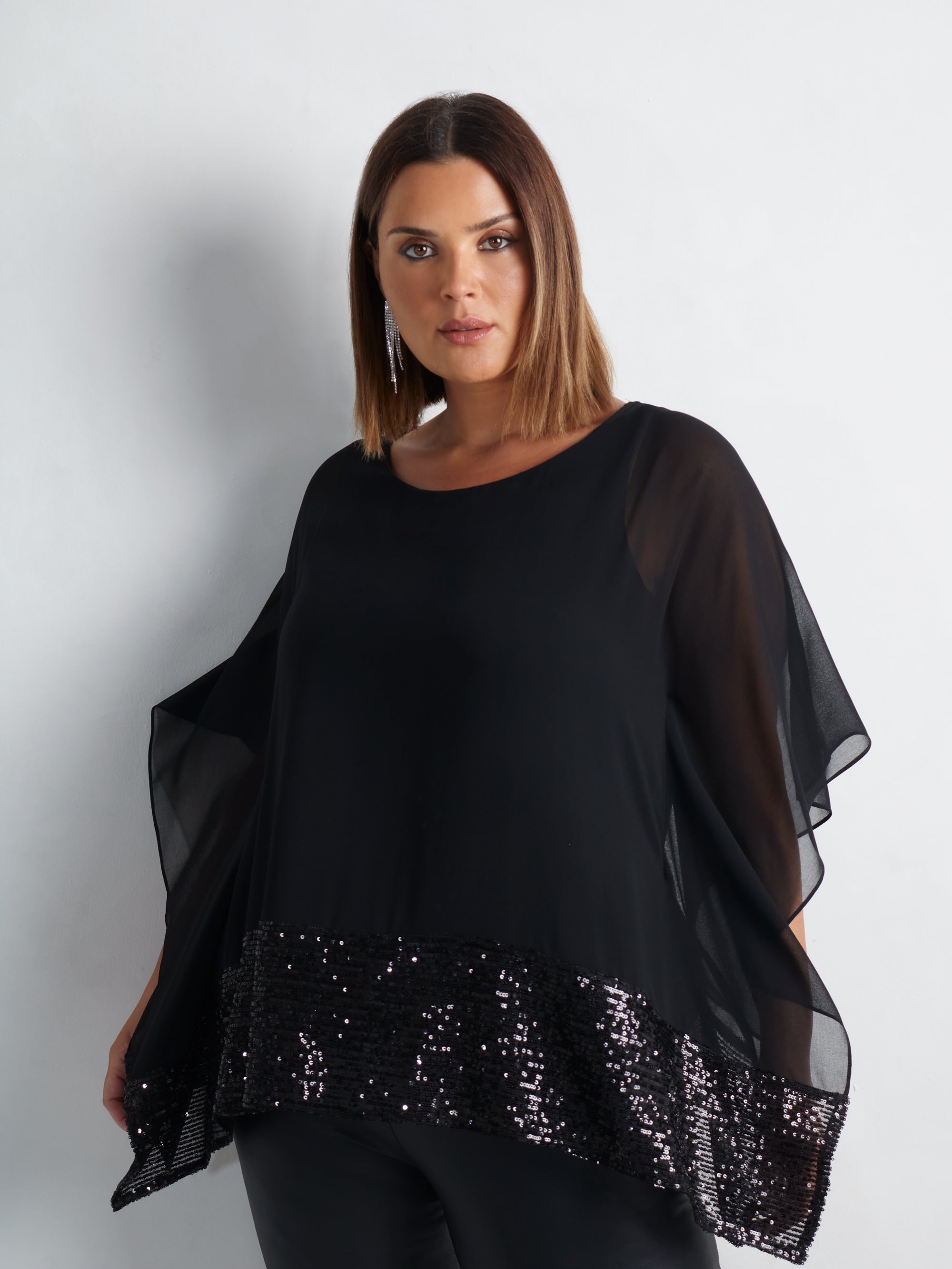 Black Chiffon Sequin Trim Overlayer Top