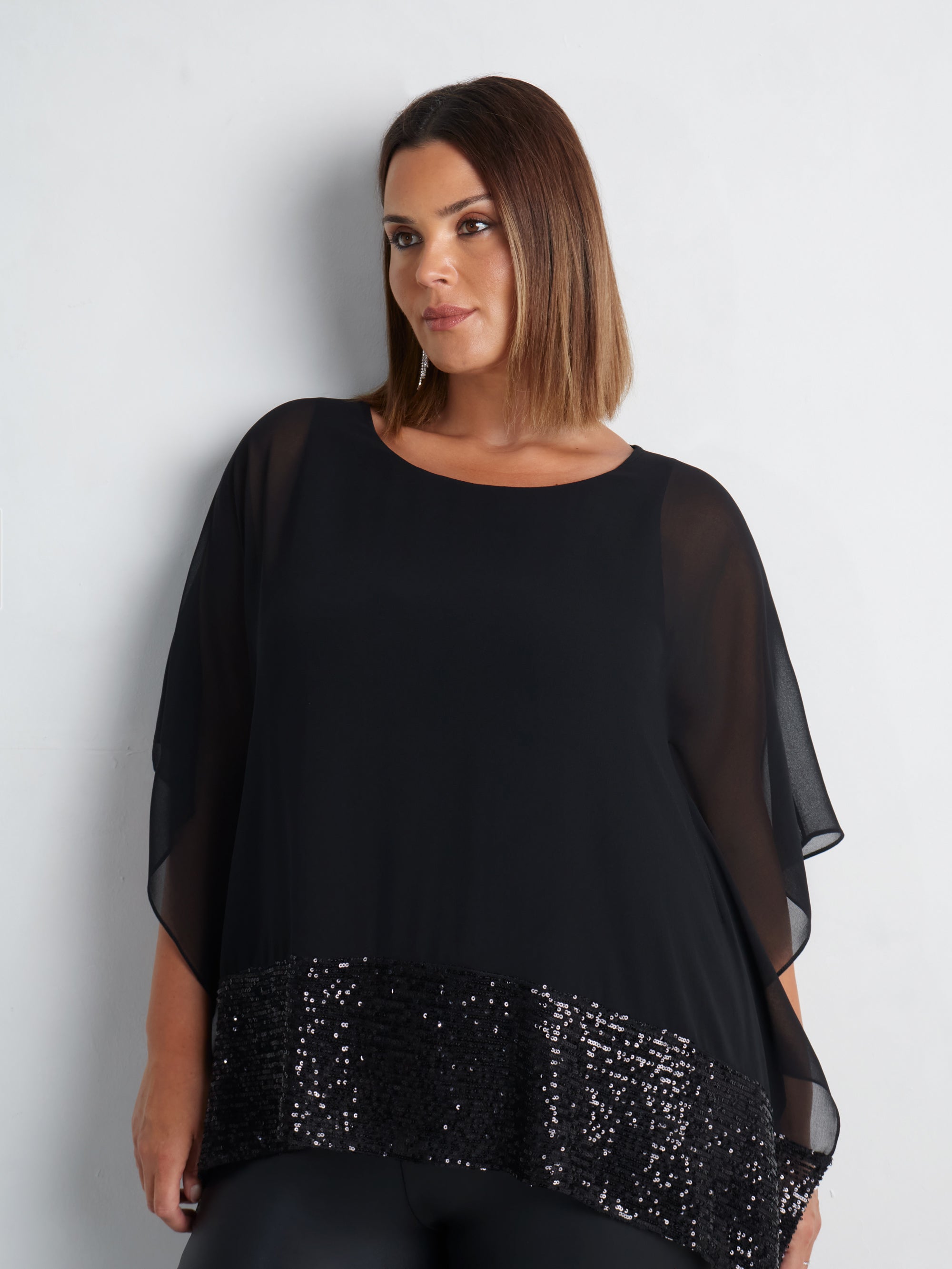 Black Chiffon Sequin Trim Overlayer Top