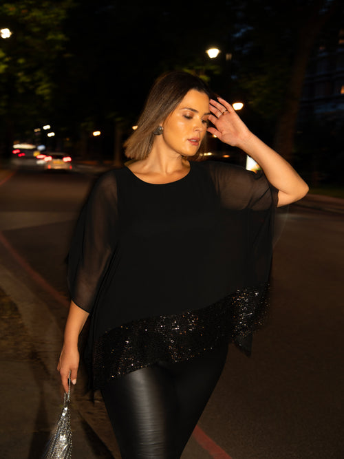 Black Chiffon Sequin Trim Overlayer Top