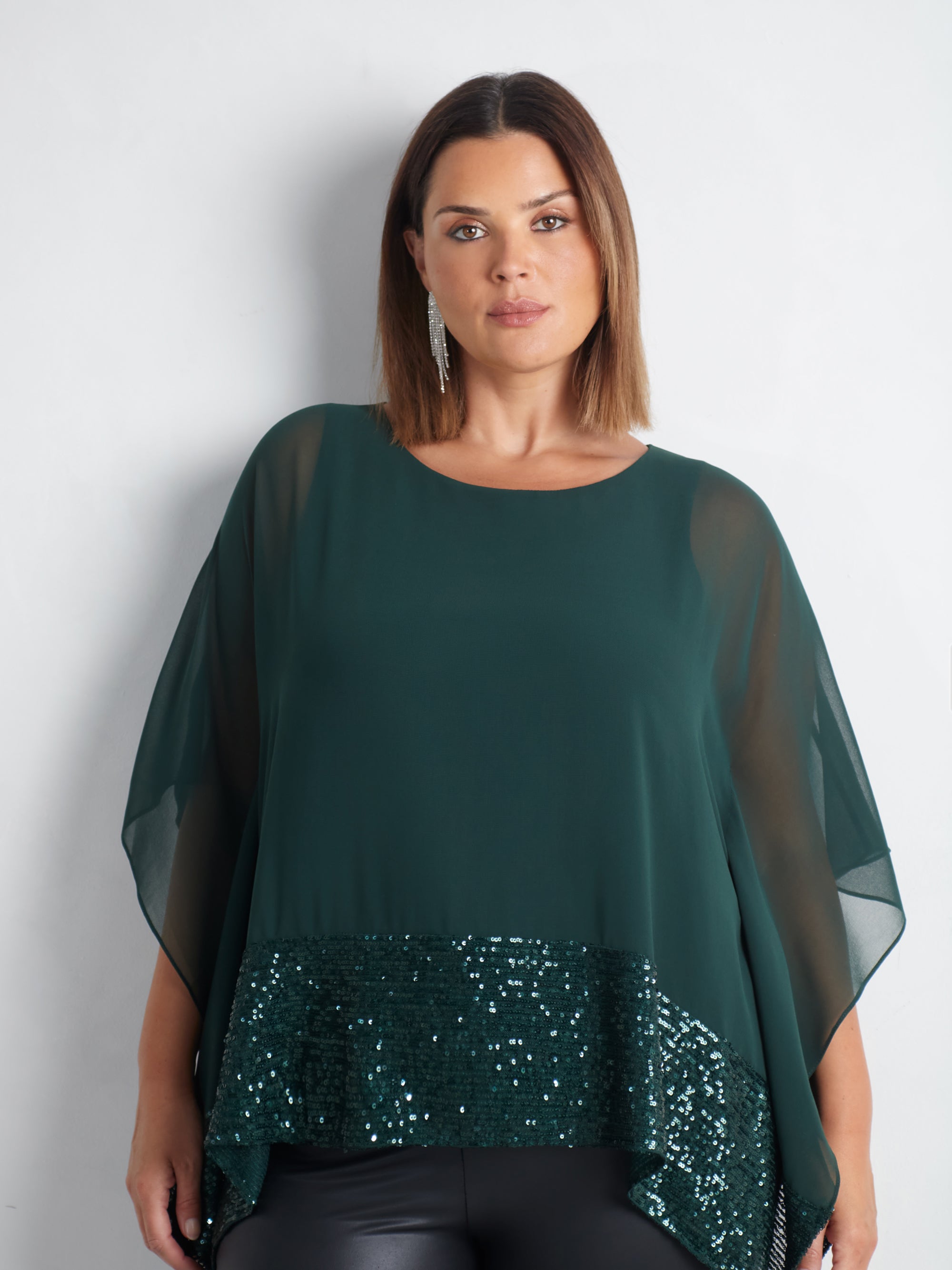 Green Chiffon Sequin Trim Overlayer Top