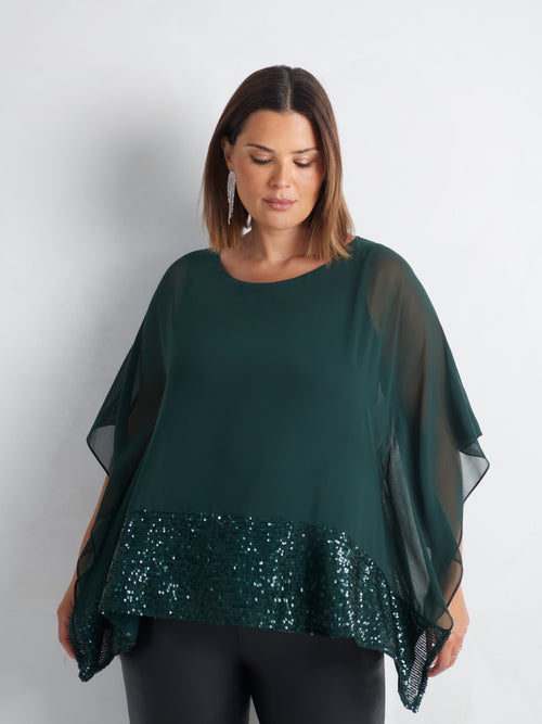 Green Chiffon Sequin Trim Overlayer Top