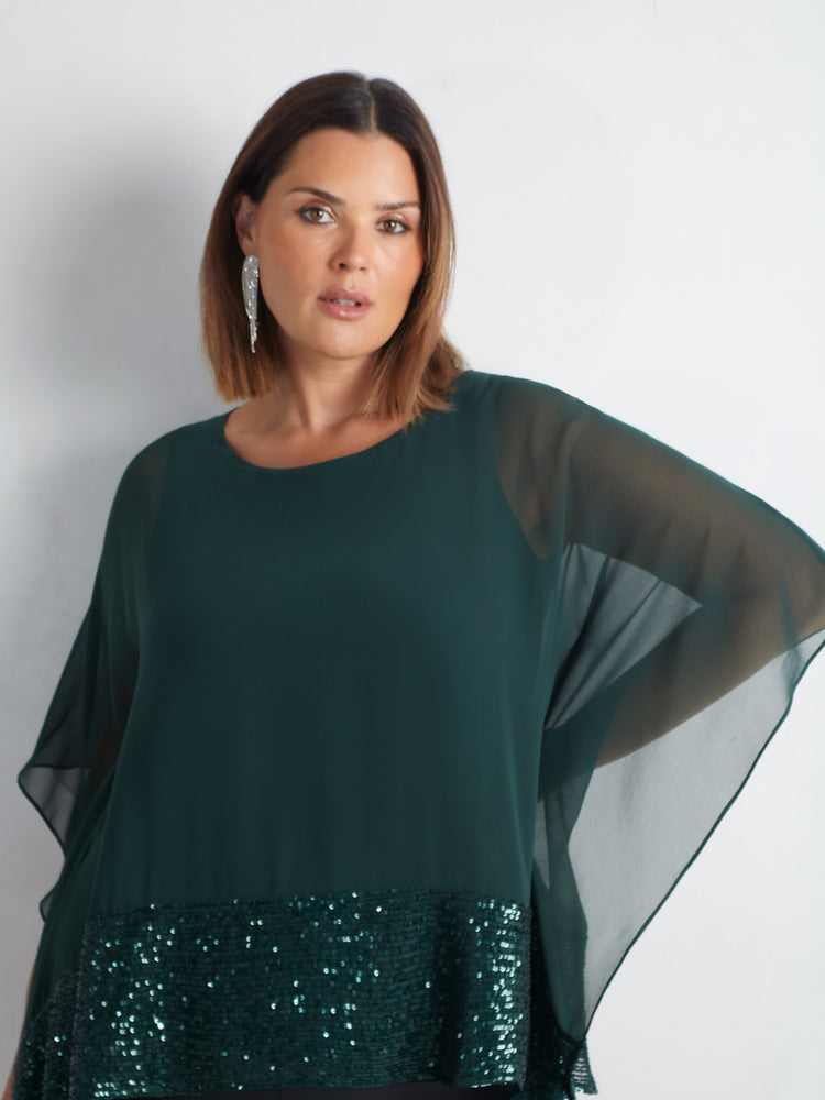 Green Chiffon Sequin Trim Overlayer Top