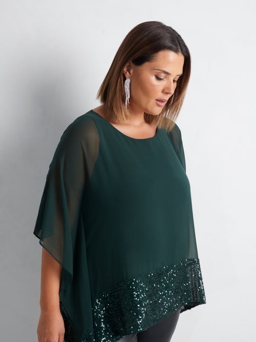 Green Chiffon Sequin Trim Overlayer Top