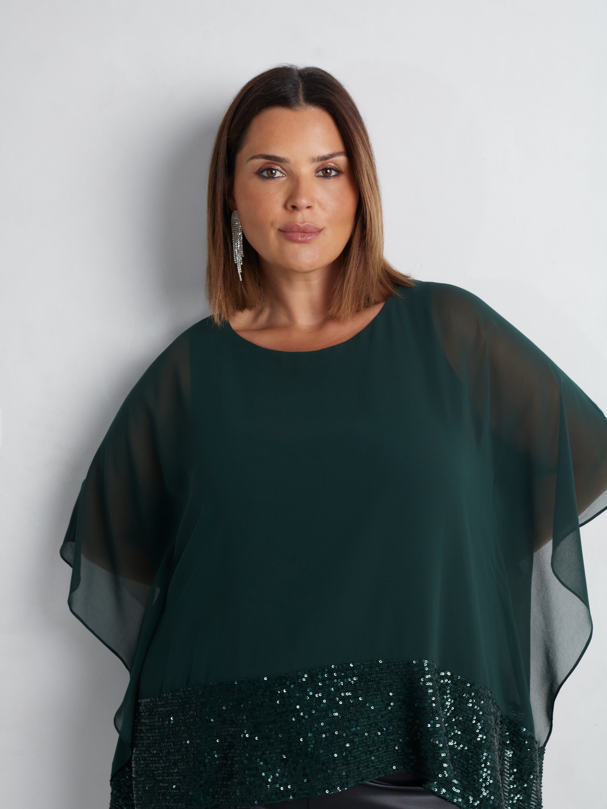 Green Chiffon Sequin Trim Overlayer Top