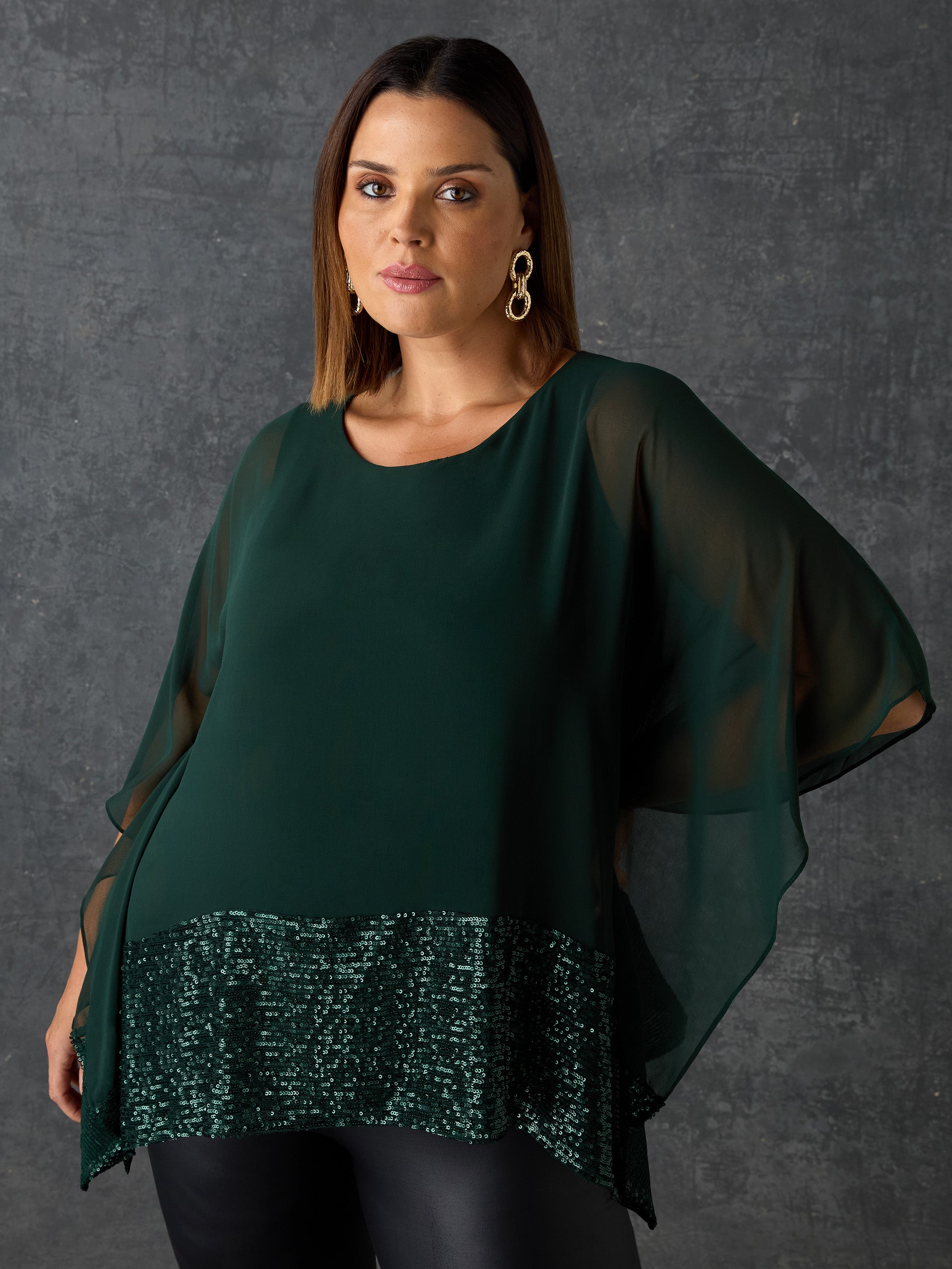 Green Chiffon Sequin Trim Overlayer Top