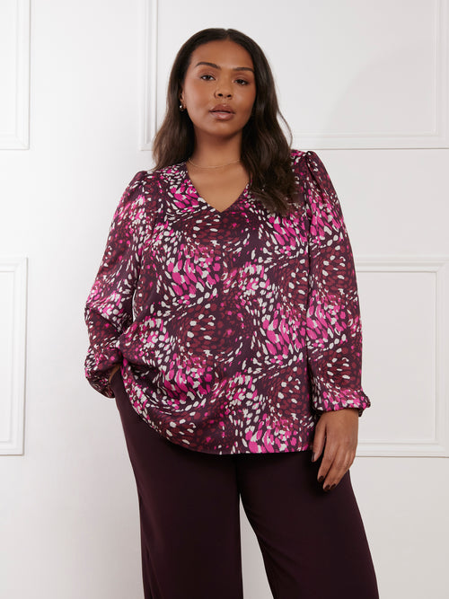 Pink Abstract Print V-Neck Blouse