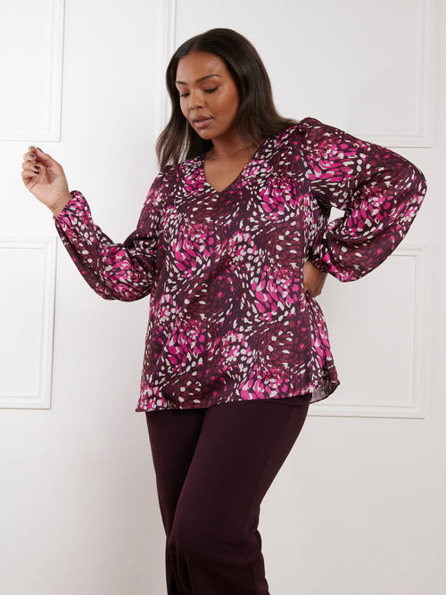 Pink Abstract Print V-Neck Blouse