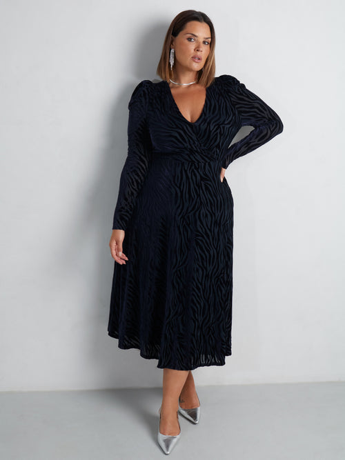 Navy Zebra Burnout Puff Sleeve Dress