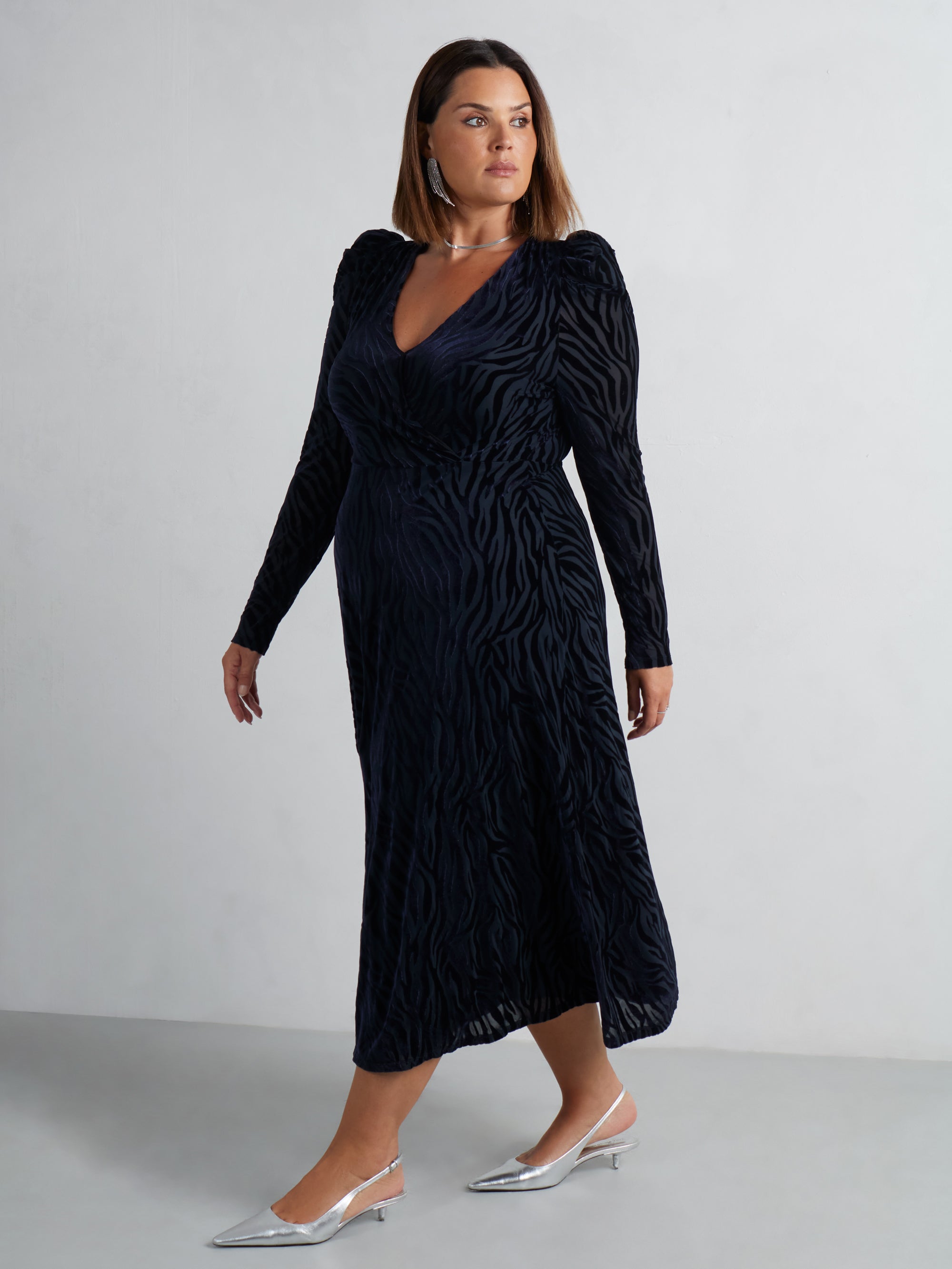 Navy Zebra Burnout Puff Sleeve Dress