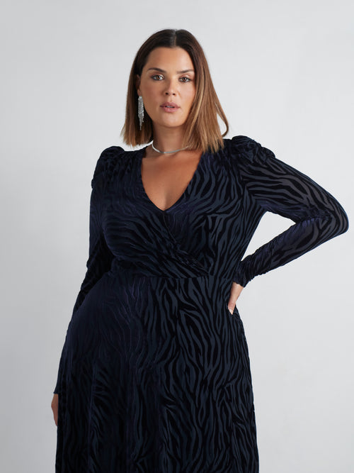 Navy Zebra Burnout Puff Sleeve Dress