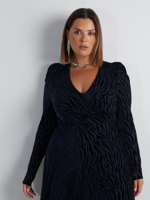 Navy Zebra Burnout Puff Sleeve Dress