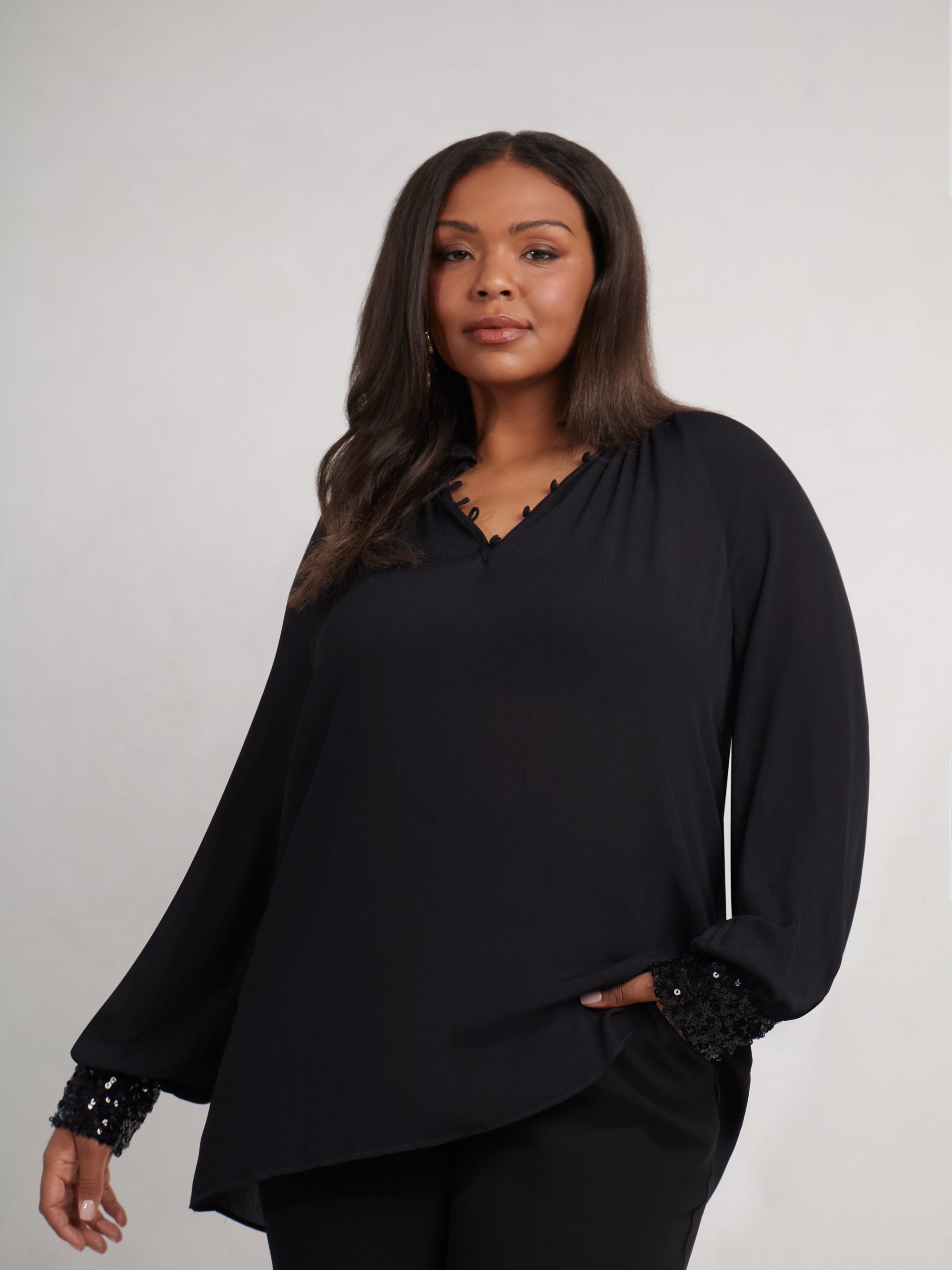 Black Long Sleeve Sequin Cuff Blouse - Main Image