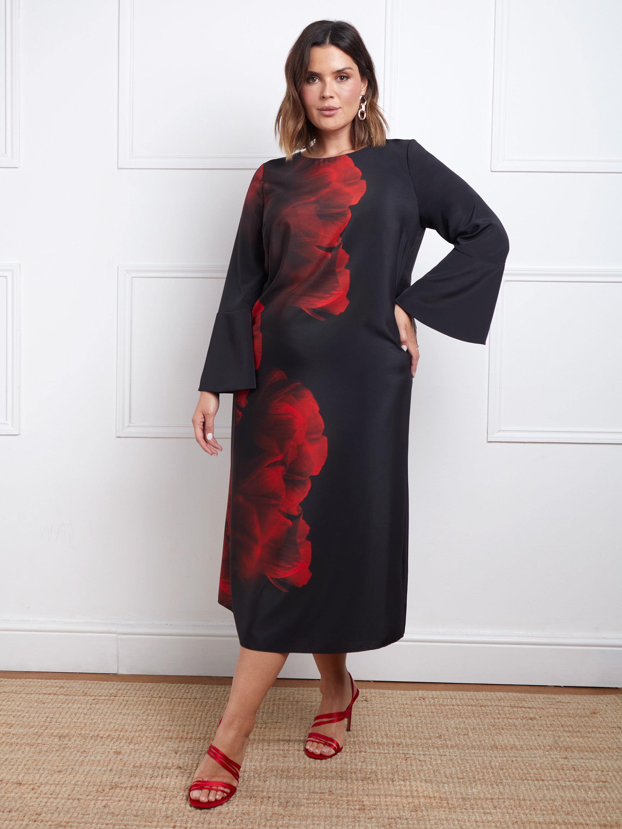 Red Floral Print Flared Sleeve Midaxi Dress