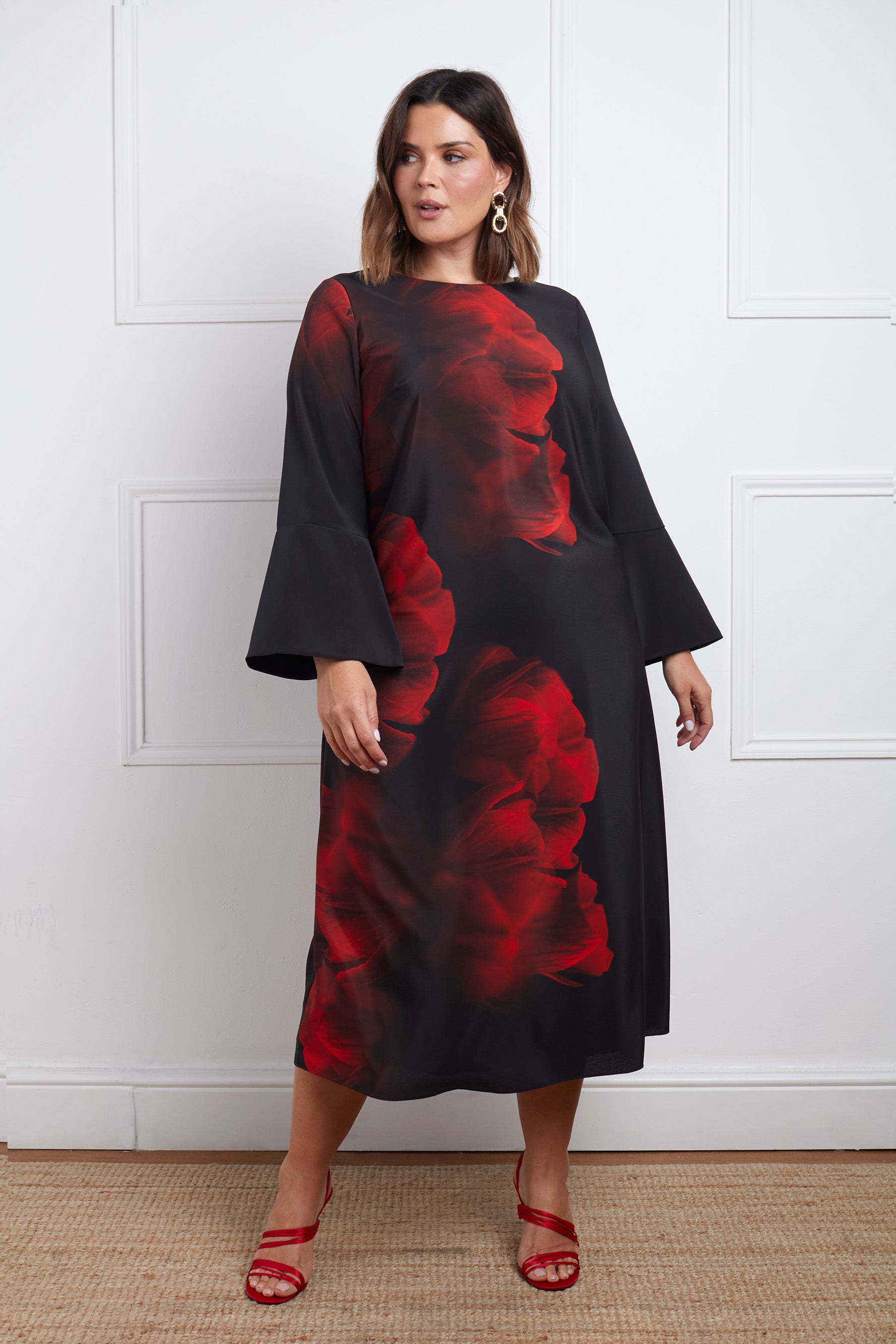 Red Floral Print Flared Sleeve Midaxi Dress