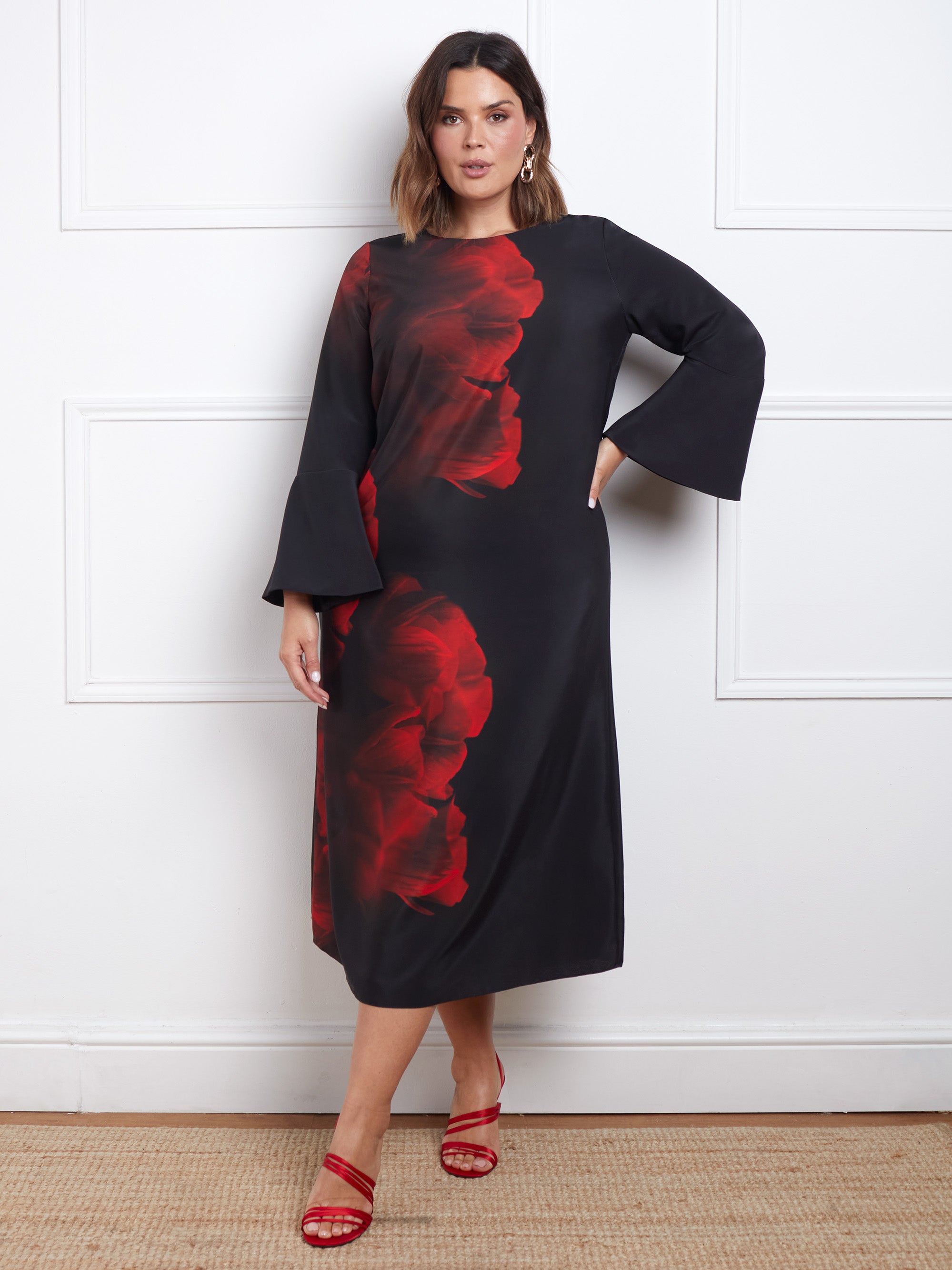 Red Floral Print Flared Sleeve Midaxi Dress