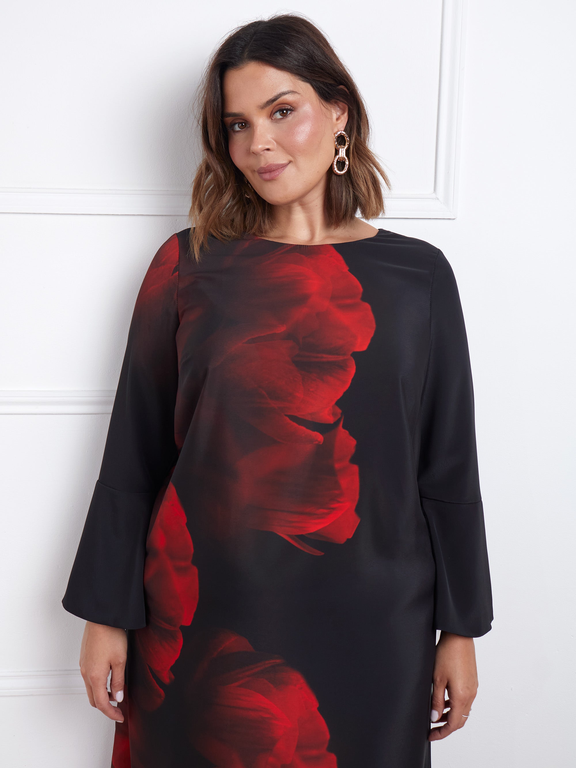 Red Floral Print Flared Sleeve Midaxi Dress